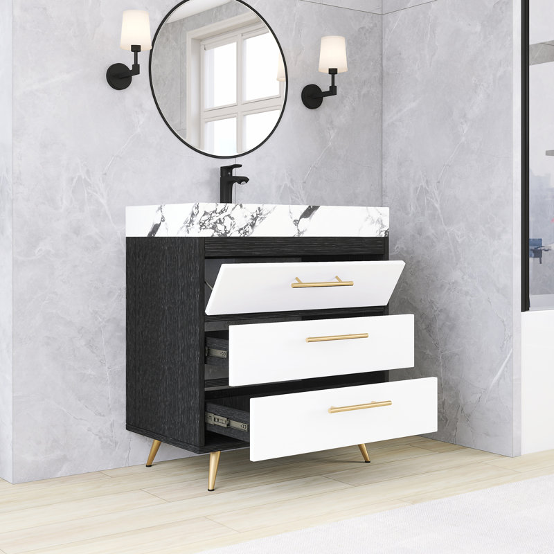 Ensemble de meuble-lavabo autoportant 29,9 po avec plateau en faux marbre 29,9 po, Blanc et blanc