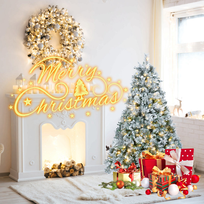 Arbre de Noël enneigé 4 pi avec aiguilles de pin et feuilles d'eucalyptus, 150 lumières DEL blanc chaud, 404 pointes, branches articulées, support en métal - arbre artificiel enneigé pour les Fêtes