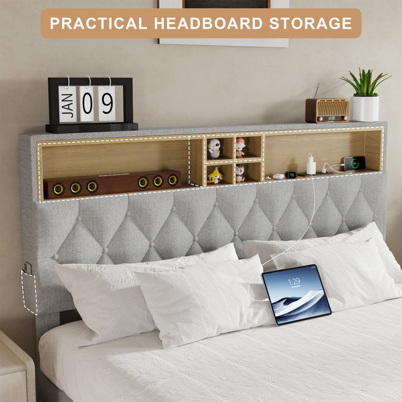Bed Frame With 2-Tier Storage Adjustable Headboard & Charging Station, Solid And Stable, No Box Spring Needed, Noise Free, Easy To Assemble
