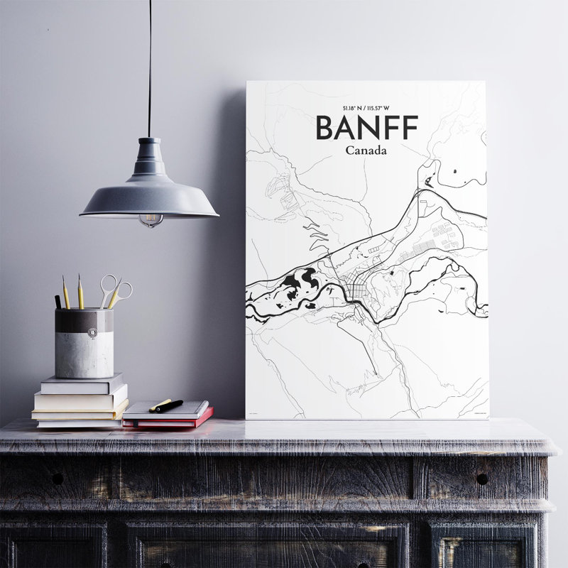 Banff, carte de la ville, impression, Noir et blanc, H 27,6 po x l 19,7 po