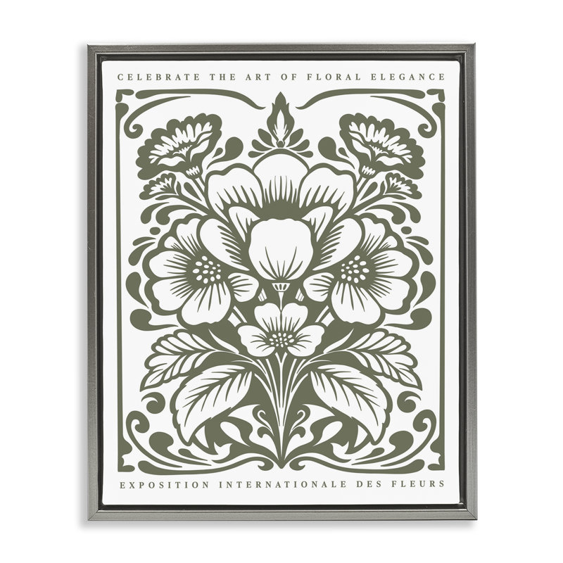 «Green Outline Floral Bouquet», art mural encadré, Cadre flottant gris lustré, H 31 po x l 25 po