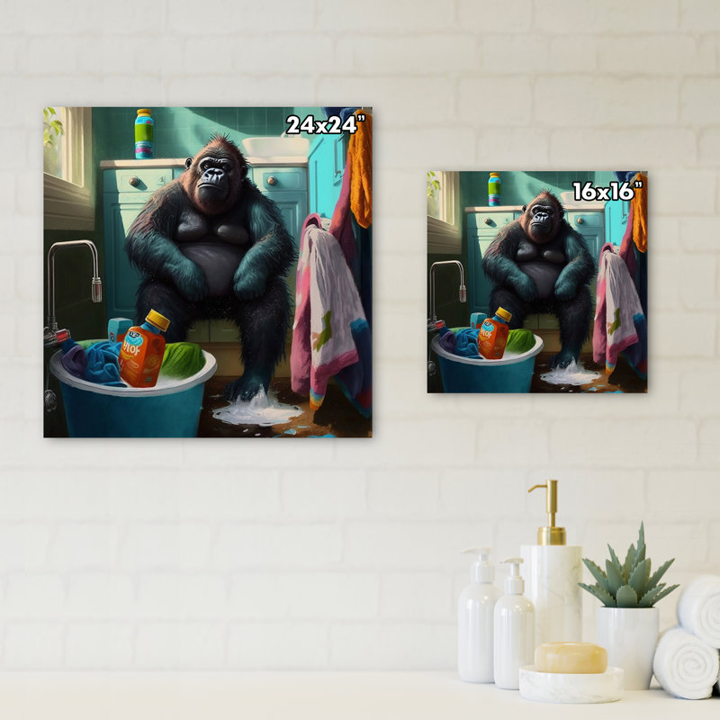 Drôle de singe faisant la lessive - animaux, art mural sur toile, H 16 po x l 16 po x P 1 po