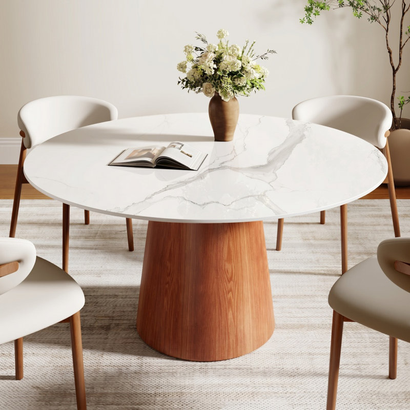Designer Round Dining Table 47"/ 53"/59" with Authentic Solid Wood Pedestal & 4 Luxury Sintered Stone Top for Modern Dining Rooms