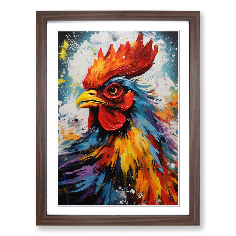 Rooster Action Painting - Single Picture Frame Print on Wood, 46cm H x 34cm W x 2cm D, Walnut