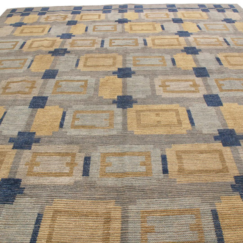 Rug & Kilim’S Scandinavian-Inspired Geometric Gold Beige And Blue Wool Pile Rug, Rectangle 10' x 14'
