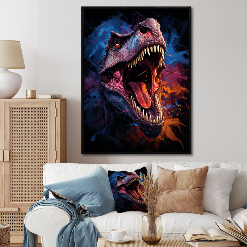 «Colorful Roaring Trex Dinosaur IV» - art mural dinosaure, Cadre flottant noir, 40" H x 30" W