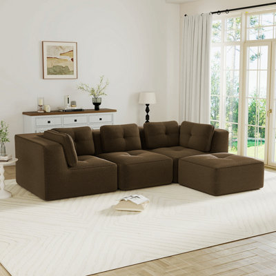 Canapé modulaire moderne pour le salon, tissu en velours côtelé, canapé 3 places avec assise profonde et repose-pieds mobile, passepoil perlé, conception capitonnée, sans assemblage, conception antidérapante