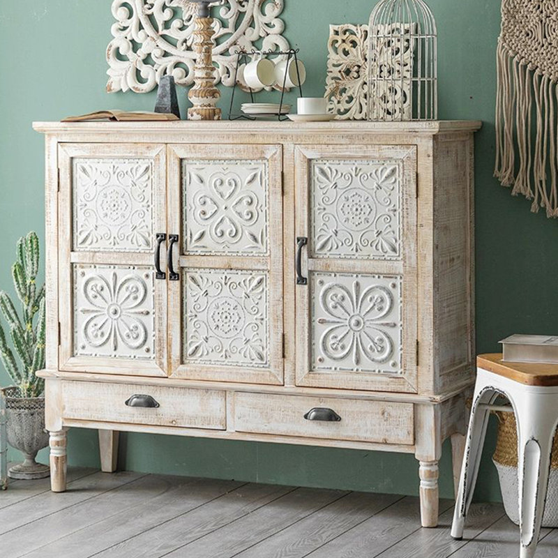 French-Style Vintage Cedar Wood Carved And Aged Storage Cabinet