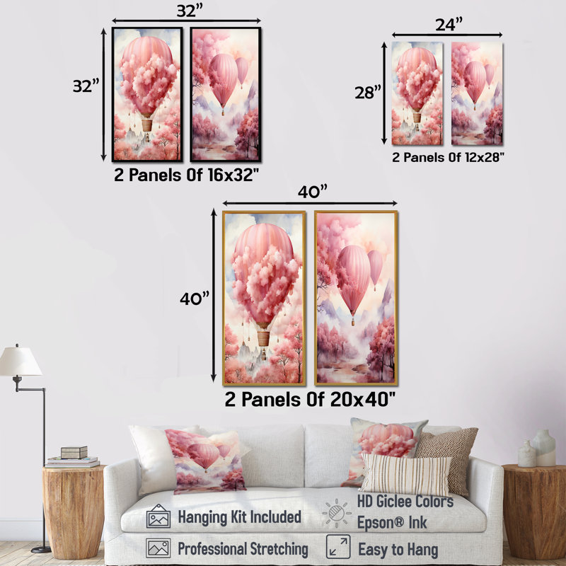 «Pink Whimsical Balloon Magic», ensemble d'art mural sur toile en montgolfière, H 28 po x l 25 po, Cadre noir
