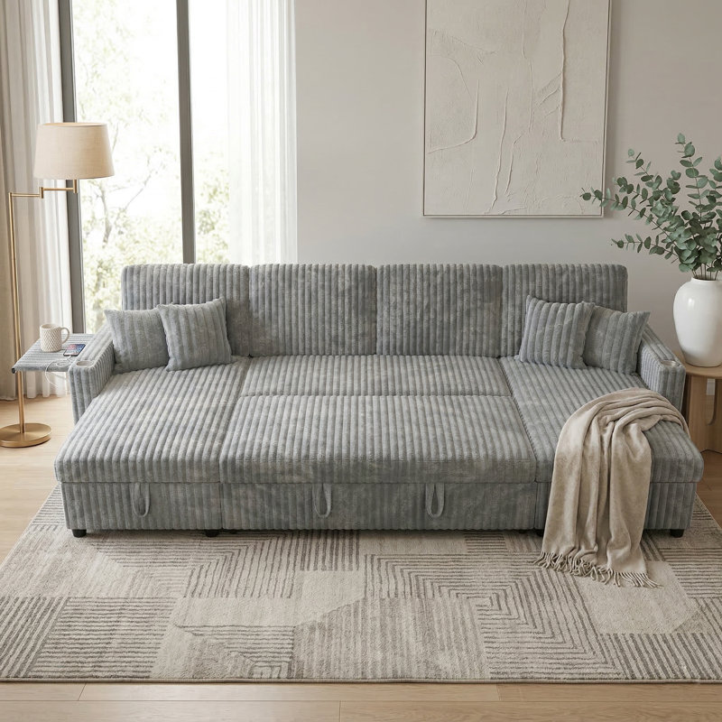 Très grand canapé-lit modulaire en velours côtelé en forme de U de 110,6 po avec lit escamotable et méridienne de rangement