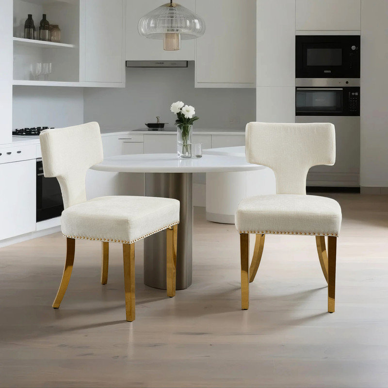 Chaise d'appoint rembourrée Mid-Century, Beige, Doré