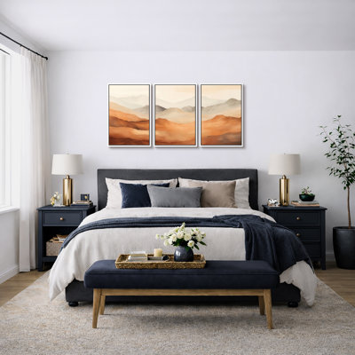 Abstract Landscape "Vibrant Warm Orange Brown Mountains Artwork, Modern Organic Simple Minimalist Wall Pictures, Framed Canvas Giclée Print 3 Pieces Wall Art" 16"x24"x3 pcs, 24"x36"x3 pcs