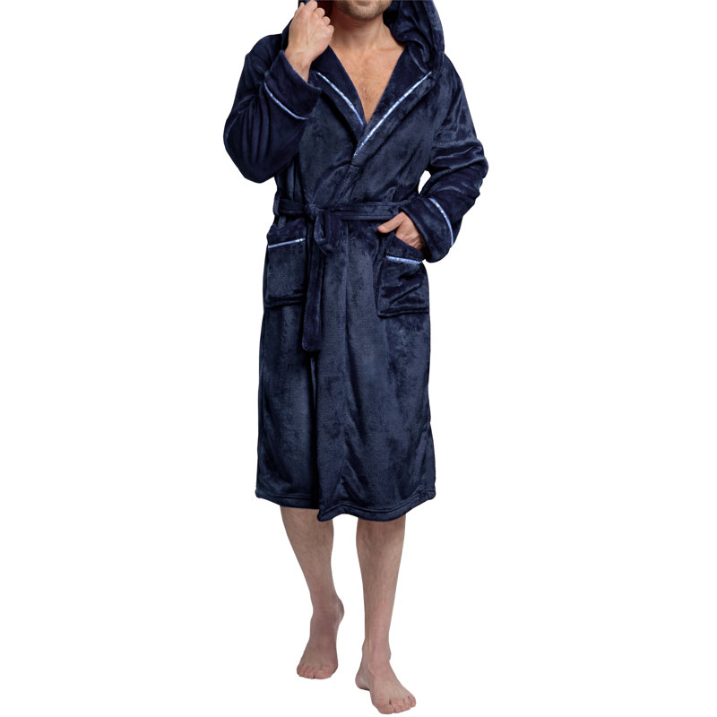 Yasmeli Fleece Boy / Man+ Mid-Calf Bathrobe with Pockets and Hood, Navy with Hood