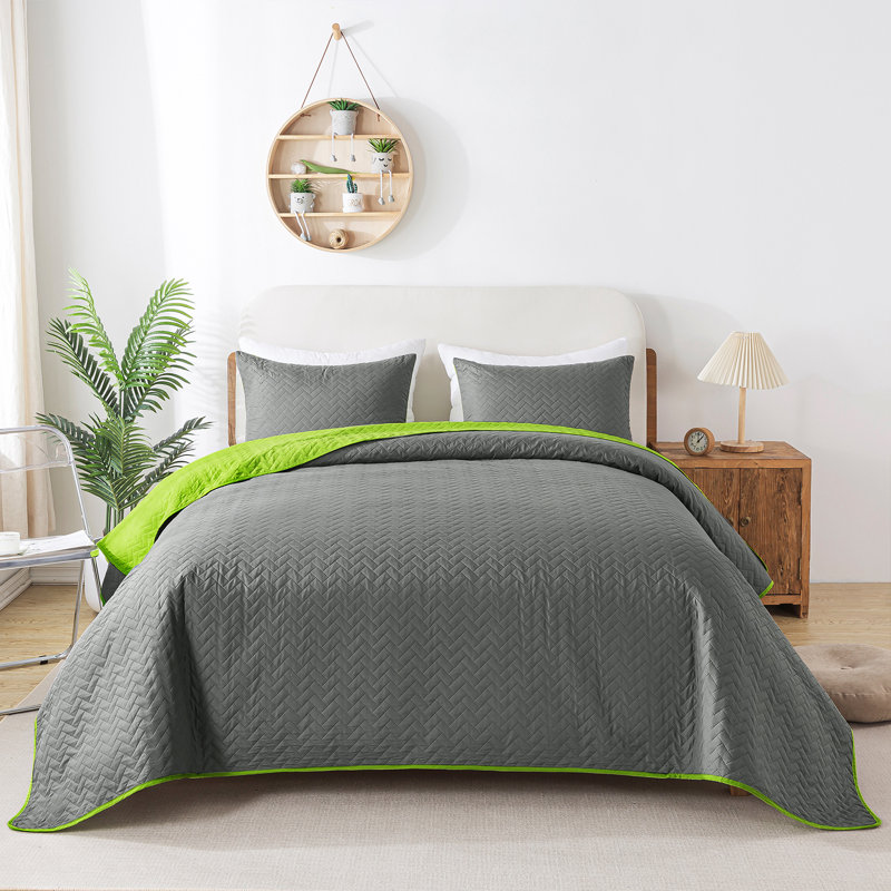 Ensemble de courtepointe réversible en microfibre 3 pièces , Courtepointe grand + 2 couvre-oreillers standard, Gris/vert