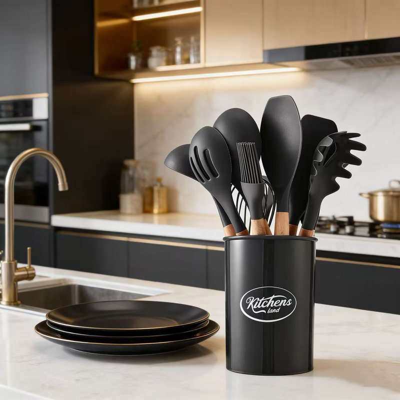 17 Stories 12 Piece Cooking Utensil Set with Utensil Crock, Dark Grey