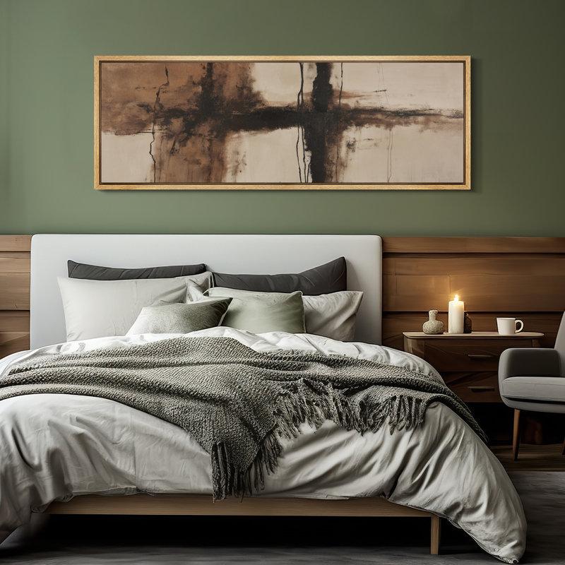 «Rustic Cross-Form Brushstroke Abstract» en brun et noir - impression sur toile encadrée de la chambre principale, Naturel