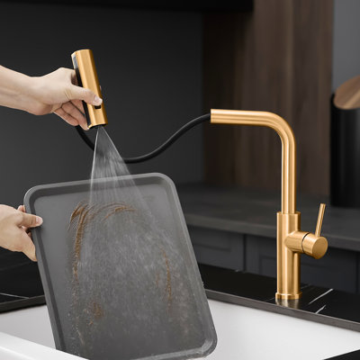 Classic Brushed Gold Pull Out Kitchen Faucet With Single Hole Design Bar Spray And Smooth Operation Feature