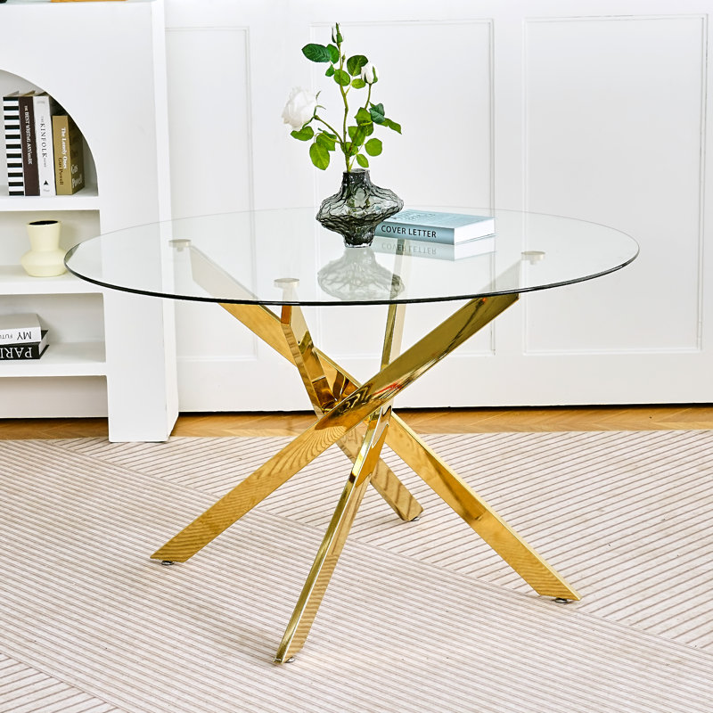 Round Glass Top Dining Table for 4-6, Heavy-Duty Metal Base with Adjustable Non-Slip Floor Protectors - Modern Kitchen Table for Dining Room, Apartment, Home, Condo