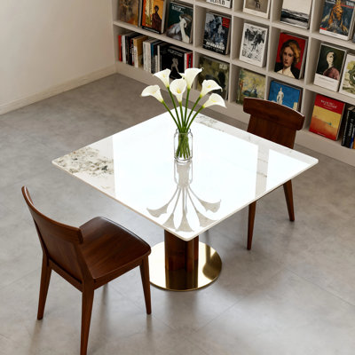 33.5" Modern Small Dining Table with Boomerang Shaped Solid Rubberwood Base, Sintered Stone Top,  Square Styles, Apartment, Kitchen Nook & Café Table for 2-4 People 
