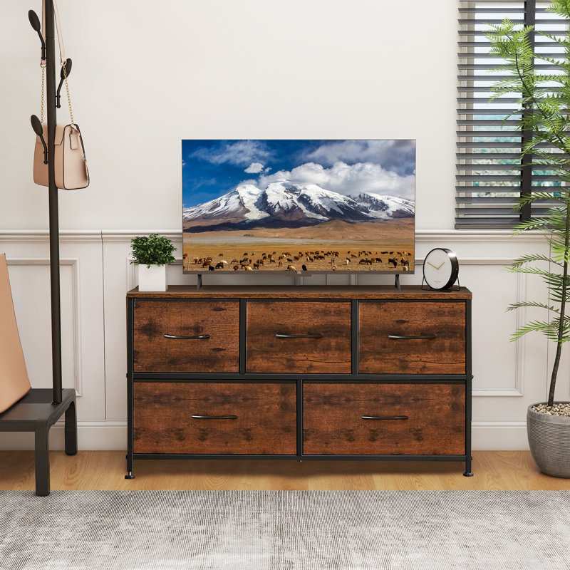 Commode avec 5 tiroirs en tissu, grande commode pour la chambre à coucher, grande commode en tissu pour le salon, Brun