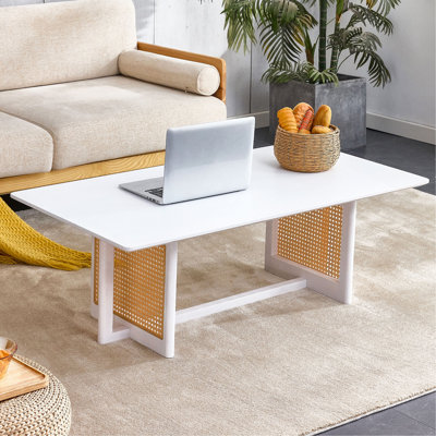 Table basse de style chinois en bois massif blanc et imitation rotin, table basse rectangulaire en bois massif, petite table basse de salon