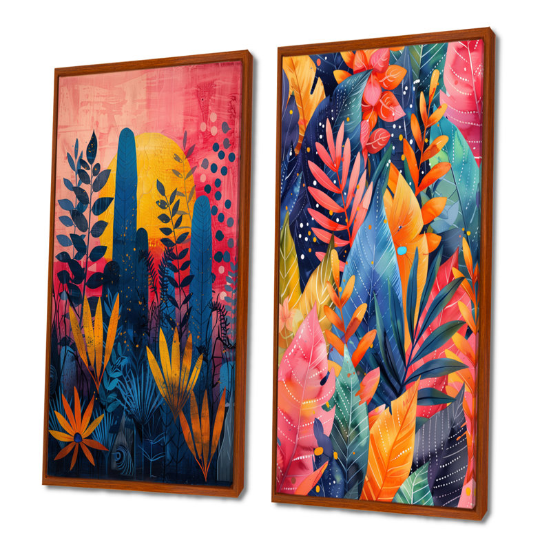 Ensemble de 2 pièces d'art mural bleu et rose, "Desert Paradise I" - palmiers et palmiers, H 28 po x l 24 po, Brun