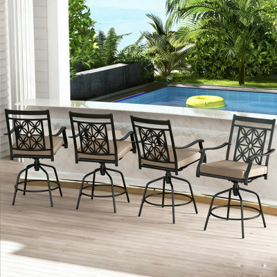 Patio Swivel Bar Stools Set of 4, Outdoor Counter Height Bar Chairs with Seat Cushions, High Backrest & Sturdy Armrest, Heavy-duty Metal Frame