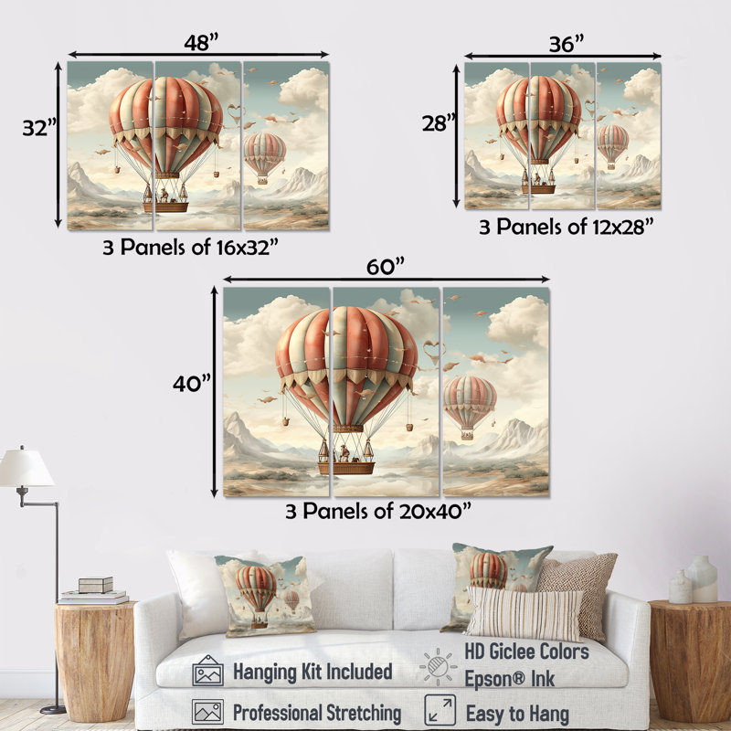 «A Playful Hot Air Balloon Bliss II» - ensemble d'art mural à montgolfière, H 32 po x l 48 po x P 1 po, Toile tendue