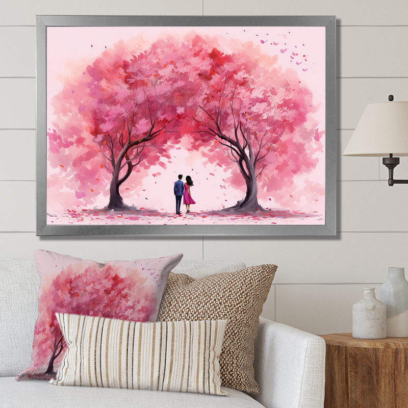 Couple Love Under The Tree I - Paysage romantique, art mural, Cadre de coin argenté fermé, H 24 po x l 32 po x P 1 po