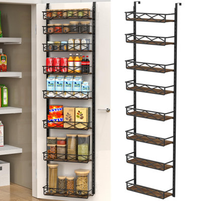 Organisateur de garde-manger au-dessus de la porte, organisateur de porte en bois et métal à 8 niveaux avec panier réglable, support à épices suspendu, rangement et rangement pour porte, noir
