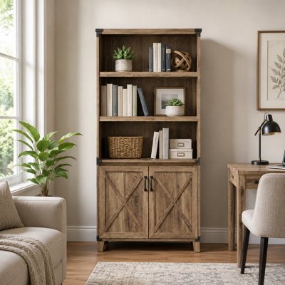 67" Farmhouse Bookcase with Storage Cabinet & Barn Doors, 5-Tier Rustic Bookshelf with Adjustable Shelves for Living Room, Office, Bedroom