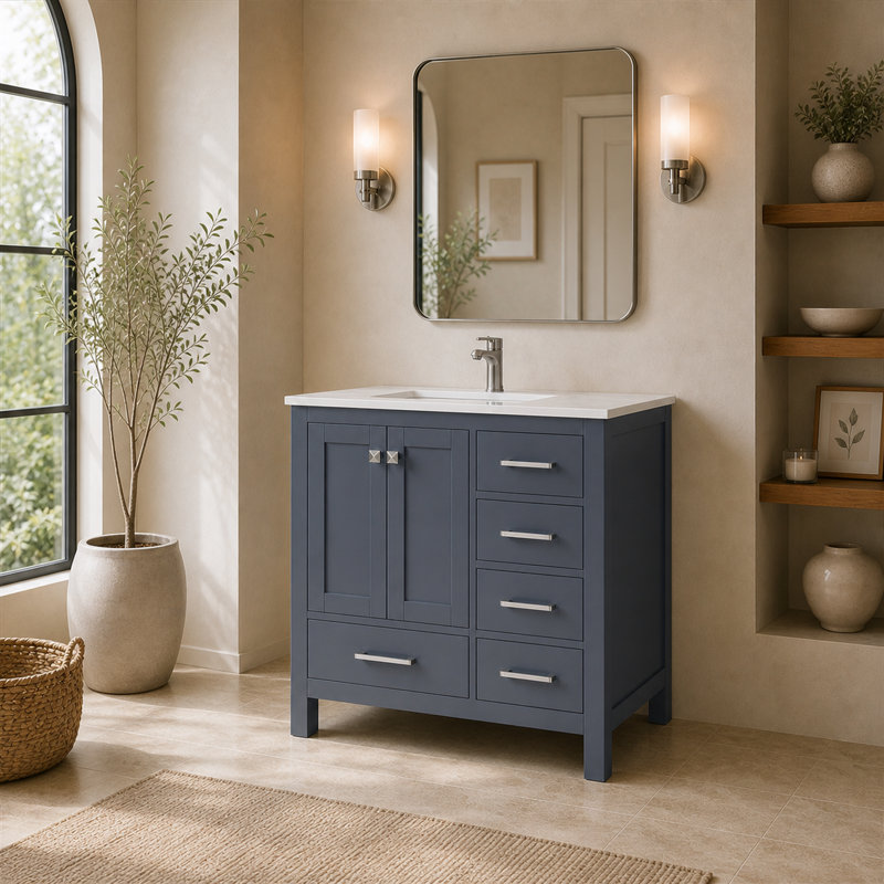 Meuble-lavabo autoportant gris anthracite avec plateau en quartz de Carrare 36 po Anvay, Quartz - blanc de Carrare