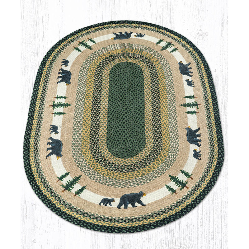  Oval Patch Tread Rug Bear Timbers Design, Braided Jute Lodge Accent, Rustic Cabin Style, 4'x6'