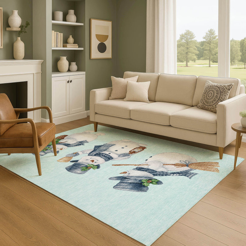 Premium Machine Washable Ingrassellino AMF1826 Happy Snowmen Holiday Rug, Rectangle 10' x 14'