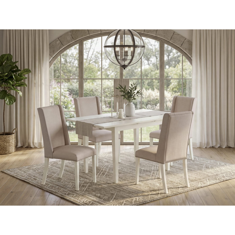 Ensemble de table de salle à manger 5 pièces moderne comprenant une table rectangulaire en bois avec feuille papillon et 4 chaises rembourrées en tissu crème, lin blanc