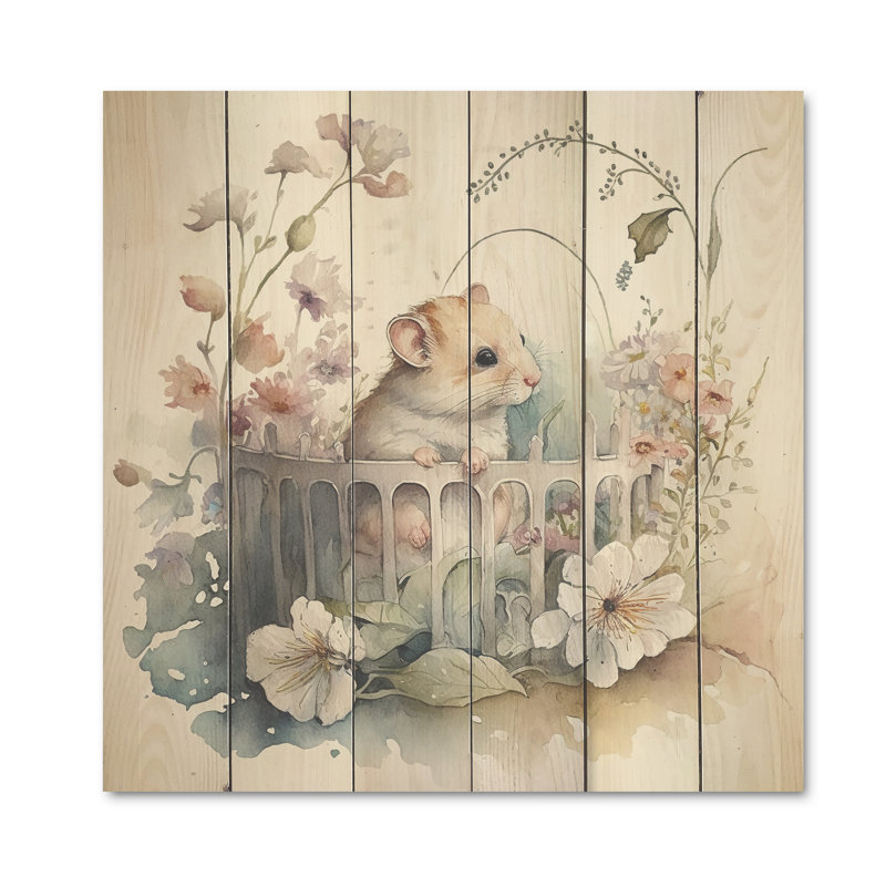 Souris dans un lit de bébé avec des fleurs - impression sans cadre sur bois, H 16 po x l 16 po x P 1 po