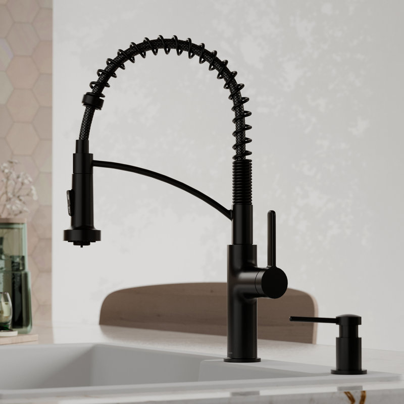 Karran Commercial Style Pull-Down Kitchen Faucet with Coil Spring, High-Arc, Multi-Function Spray in Matte Black, Matte Black