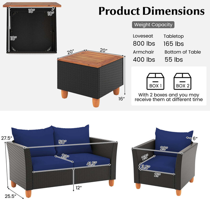 4 Pcs Wicker Patio Furniture Set With Removable Cushions Storage Coffee Table, Navy