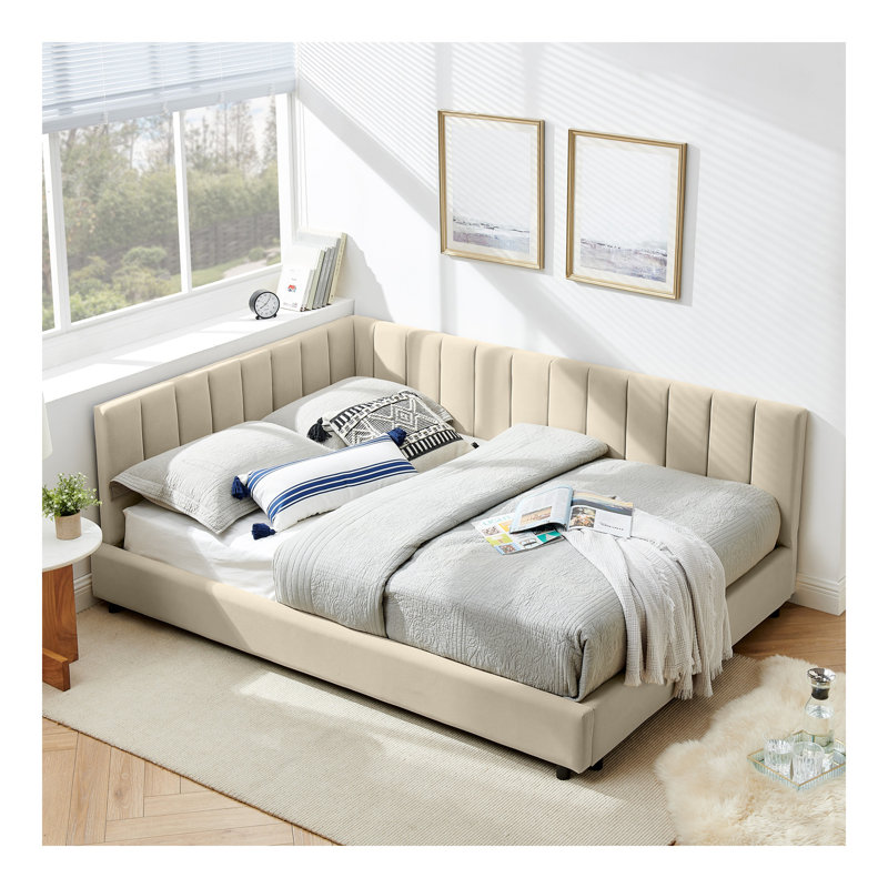 Structure de lit double rembourrée capitonnée, structure de canapé-lit avec dossier et accoudoirs confortables, lit double pour chambre à coucher, salon, velours beige