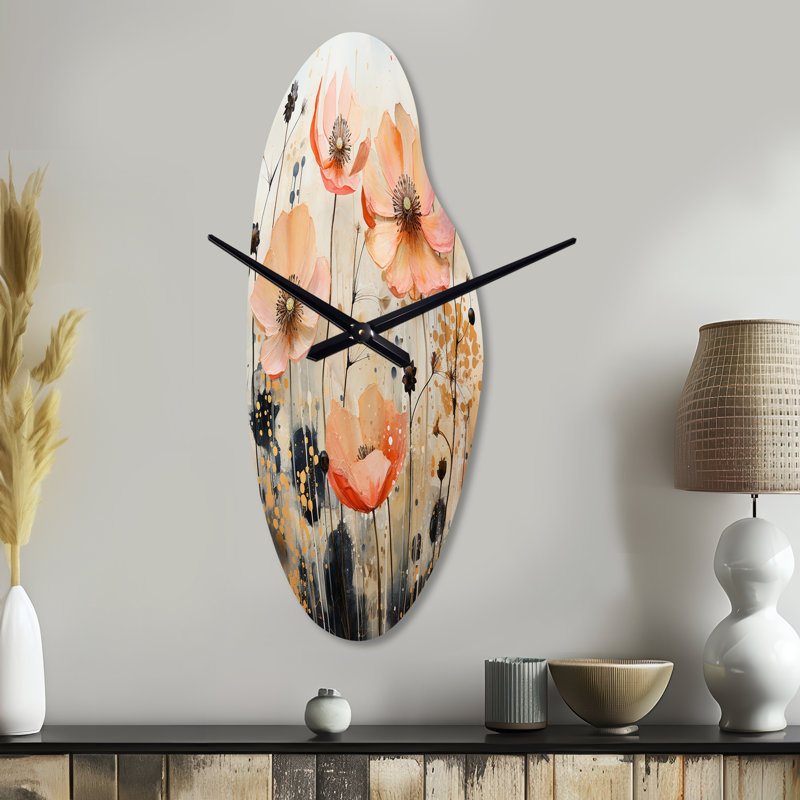 Peach Blossoming Abstractions I - Botanicals, horloge murale asymétrique, Grand