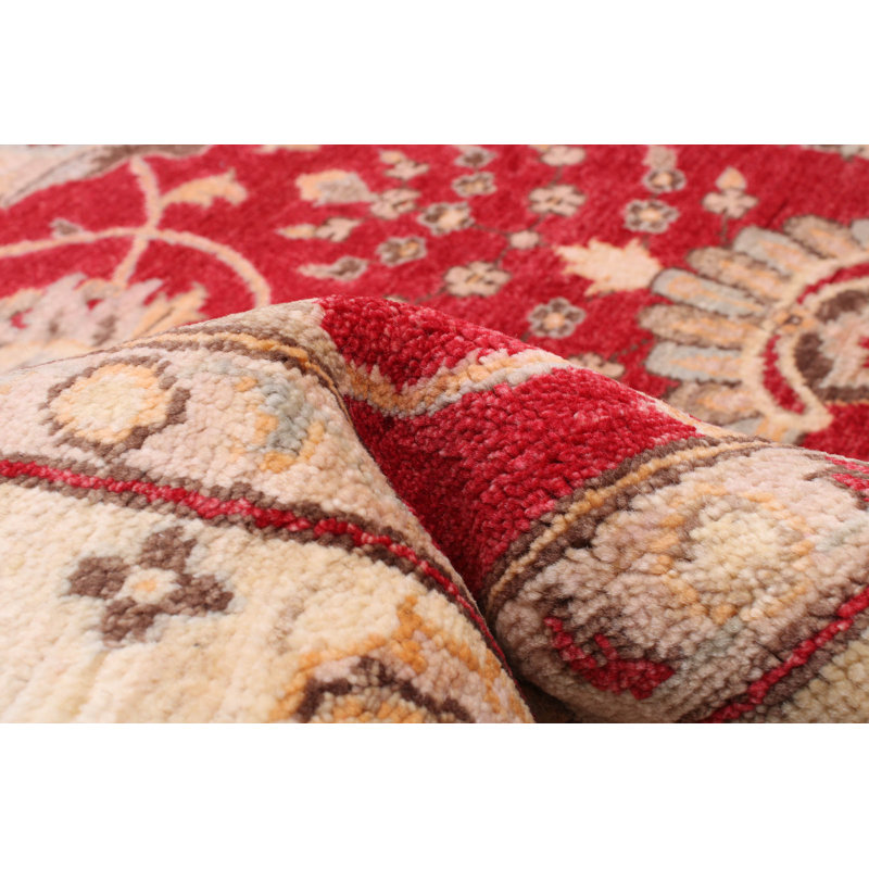 Tapis rouge foncé en laine noué à la main de conception unique 6 pi 1 po x 9 pi 1 po Yuri