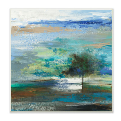 Un seul arbre dans un ciel abstrait bleu et vert taché par Liz Jardine - reproduction d'art