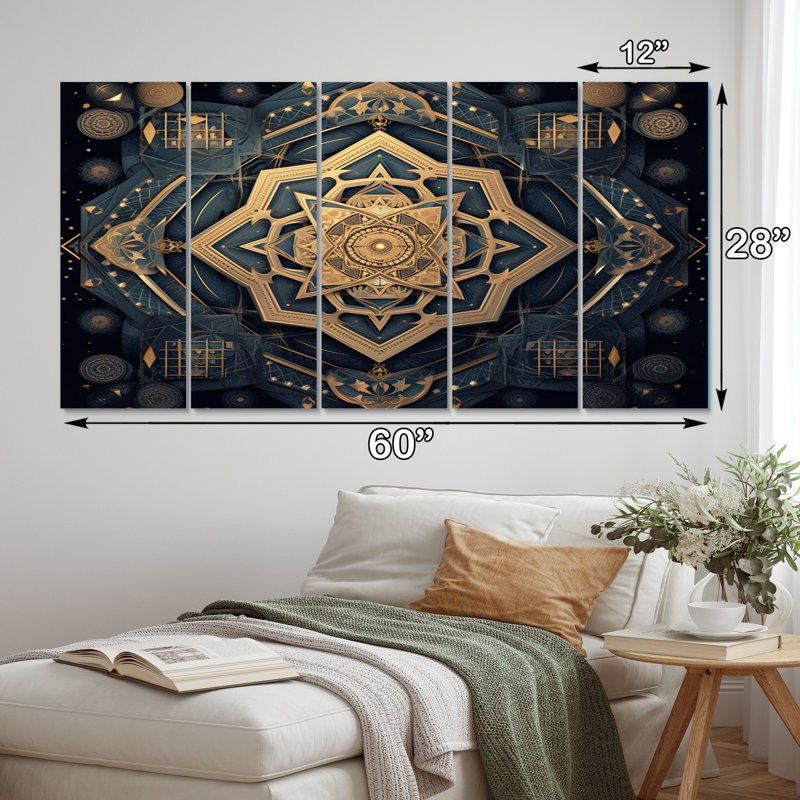 Mandala géométrique en or II - salon Boho Mandala Wall Art - 5 panneaux égaux