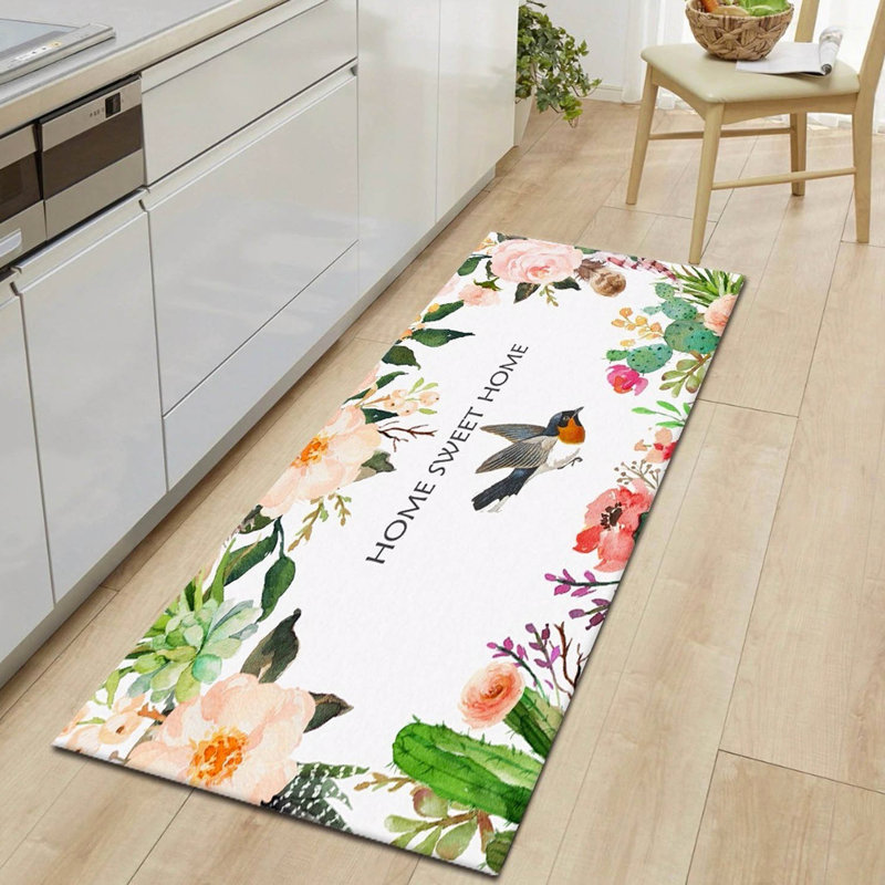 Tapis floral en jute tissé à la machine Rakestraw - blanc / vert / rose, Tapis de couloir 2 pi 7 po x 9 pi 10 po