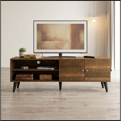 Meuble télé Amidon pour téléviseur de 63 po ou moins, avec 2 tablettes de rangement et 1 armoire, meuble audio-vidéo moderne dans le salon brun