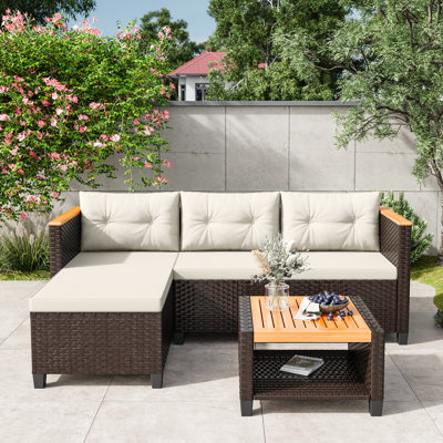 3-Piece L-Shaped Wicker Patio Set With Cushions & Table by Ebern Designs
