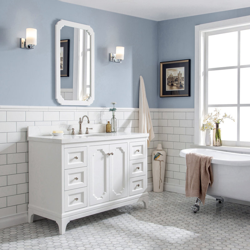 Grand meuble-lavabo de comptoir en marbre d'ingénierie avec miroir Carrara, Blanc pur