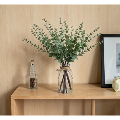 17.5 Inch Artificial Eucalyptus Stems in Glass Vase with Faux Water, Fake Plant for Centerpiece Table Decor, Sage Green