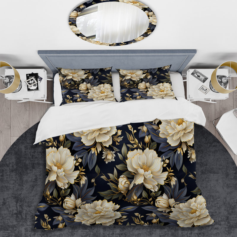 Ensemble de housse de couette en damas beige et bleu, Housse de couette pour grand lit et 2 taies décor