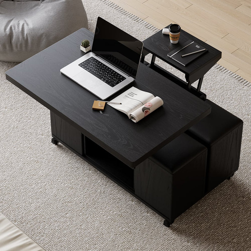 Modern Black Lift Top Coffee Table 4 In 1 With Storage Ottoman Foldable And Casters